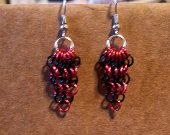 Waterfall chain maille earrings in red and black coated rings.  Casual wear that drops only one inch, not causing excessive movement.