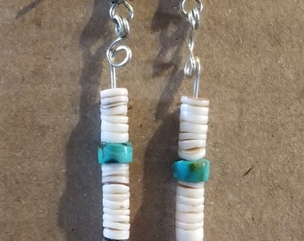 White shell heishi beads and genuine turquoise stone cylinder strung on sterling silver with sterling ear wire are the best in daily wear.