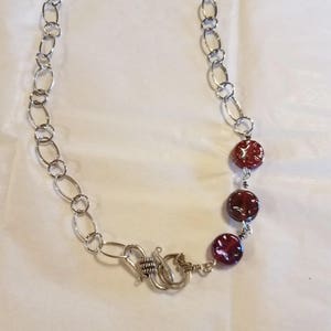 Hand made sterling silver chain necklace with 3 burgundy glass beads blends perfectly with the burgundy wave bracelet. 22 inches long image 1