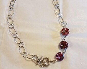 Hand made sterling silver chain necklace with 3 burgundy glass beads blends perfectly with the burgundy wave bracelet.  22 inches long