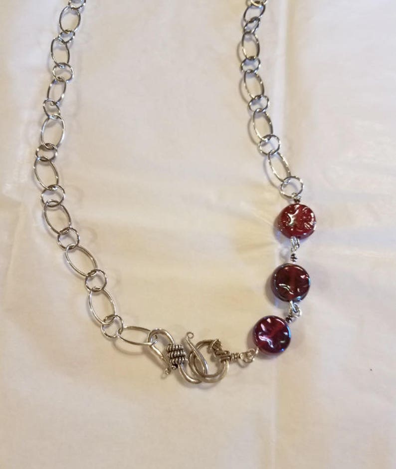 Hand made sterling silver chain necklace with 3 burgundy glass beads blends perfectly with the burgundy wave bracelet. 22 inches long image 1