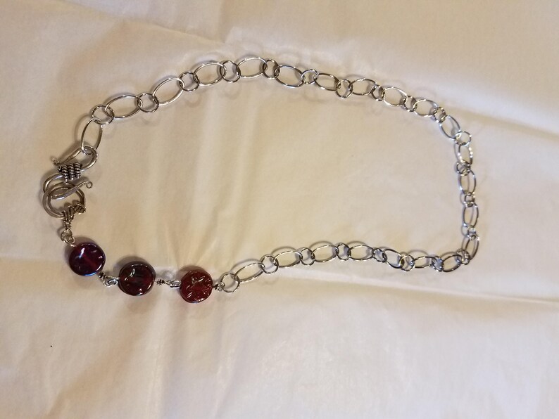 Hand made sterling silver chain necklace with 3 burgundy glass beads blends perfectly with the burgundy wave bracelet. 22 inches long image 2