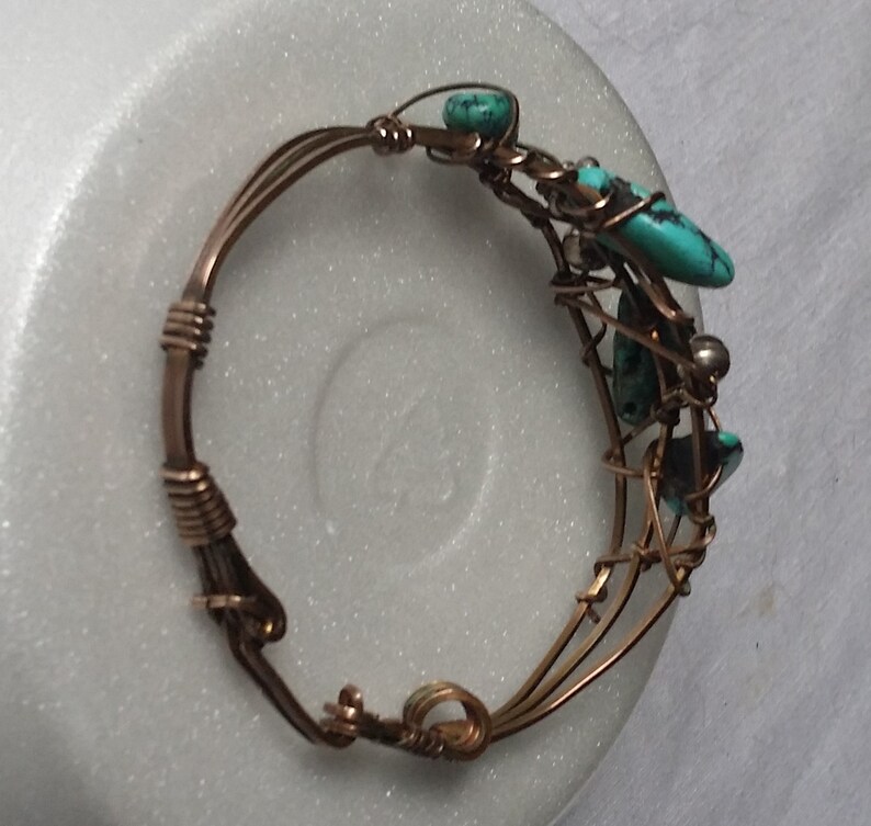 Bronze bracelet cuff wrapping turquoise beads for a stylish look. Fits Medium wrist. image 5