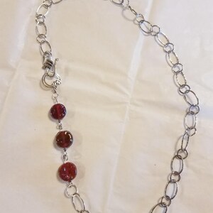 Hand made sterling silver chain necklace with 3 burgundy glass beads blends perfectly with the burgundy wave bracelet. 22 inches long image 3