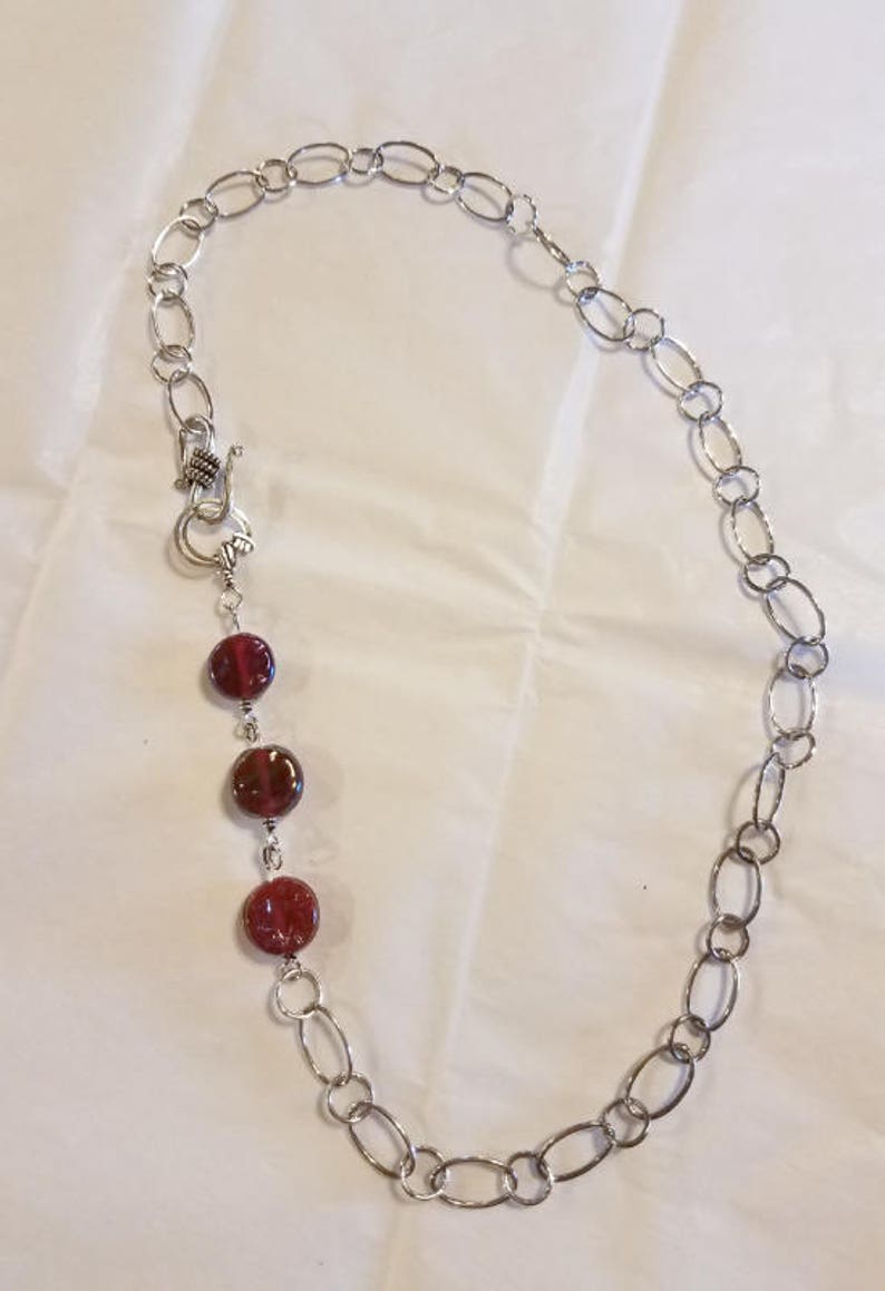 Hand made sterling silver chain necklace with 3 burgundy glass beads blends perfectly with the burgundy wave bracelet. 22 inches long image 3