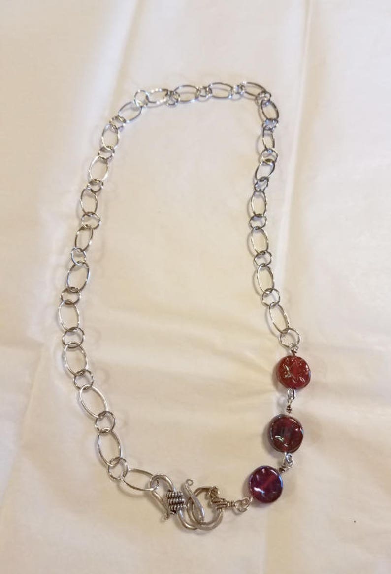 Hand made sterling silver chain necklace with 3 burgundy glass beads blends perfectly with the burgundy wave bracelet. 22 inches long image 4