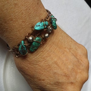 Bronze bracelet cuff wrapping turquoise beads for a stylish look. Fits Medium wrist. image 3