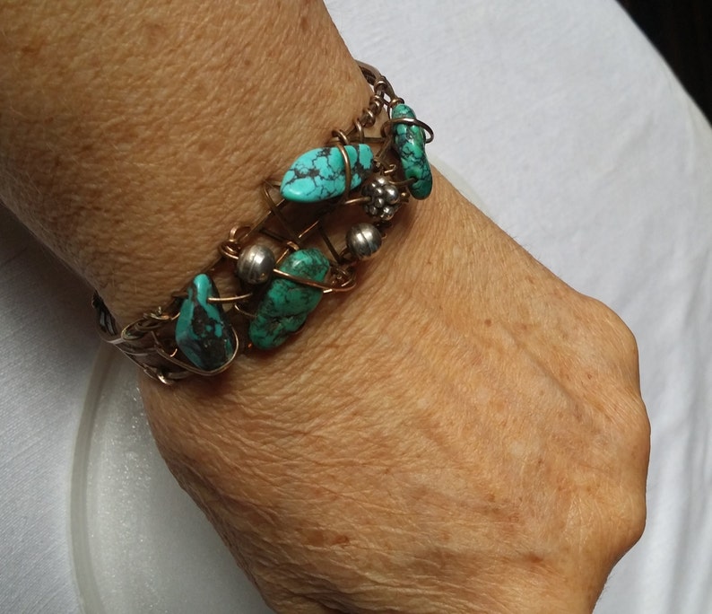 Bronze bracelet cuff wrapping turquoise beads for a stylish look. Fits Medium wrist. image 3