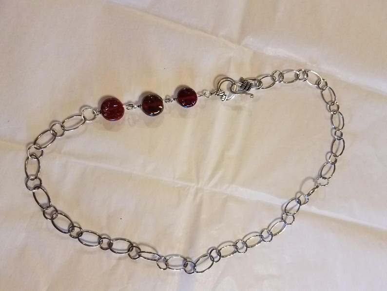Hand made sterling silver chain necklace with 3 burgundy glass beads blends perfectly with the burgundy wave bracelet. 22 inches long image 5