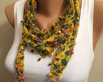 Cotton Floral Scarf, Yellow Flower Scarf, Women's Fashion, Gifts for Mom, Floral, Yellow Headbands, Yellow Accessory, Birthday Gifts,