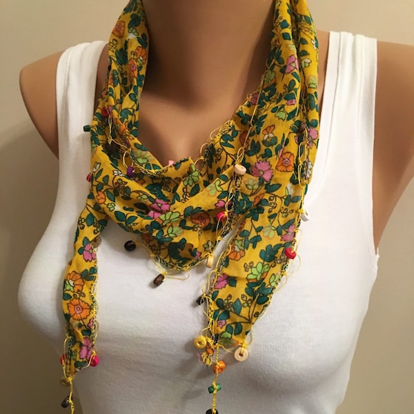 Cotton Floral Scarf, Yellow Flower Scarf, Women's Fashion, Gifts for Mom, Floral, Yellow Headbands, Yellow Accessory, Birthday Gifts,