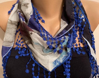 Floral Cotton Scarf, Gift for Her, Blue Lace Shawl, Flower Scarf, Lovely Gift, Navy Blue Accessories, Hair Headbands, Tear Edge Scarf