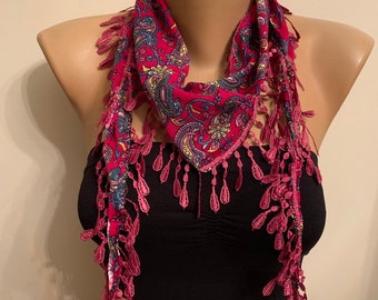 Red Fuchsia Cotton Scarf, Tear Drop Edge Floral Scarf Scarf, Handmade Turkish Shawl, Cotton Fabric Scarves, Light Floral Triangle Scarves, R