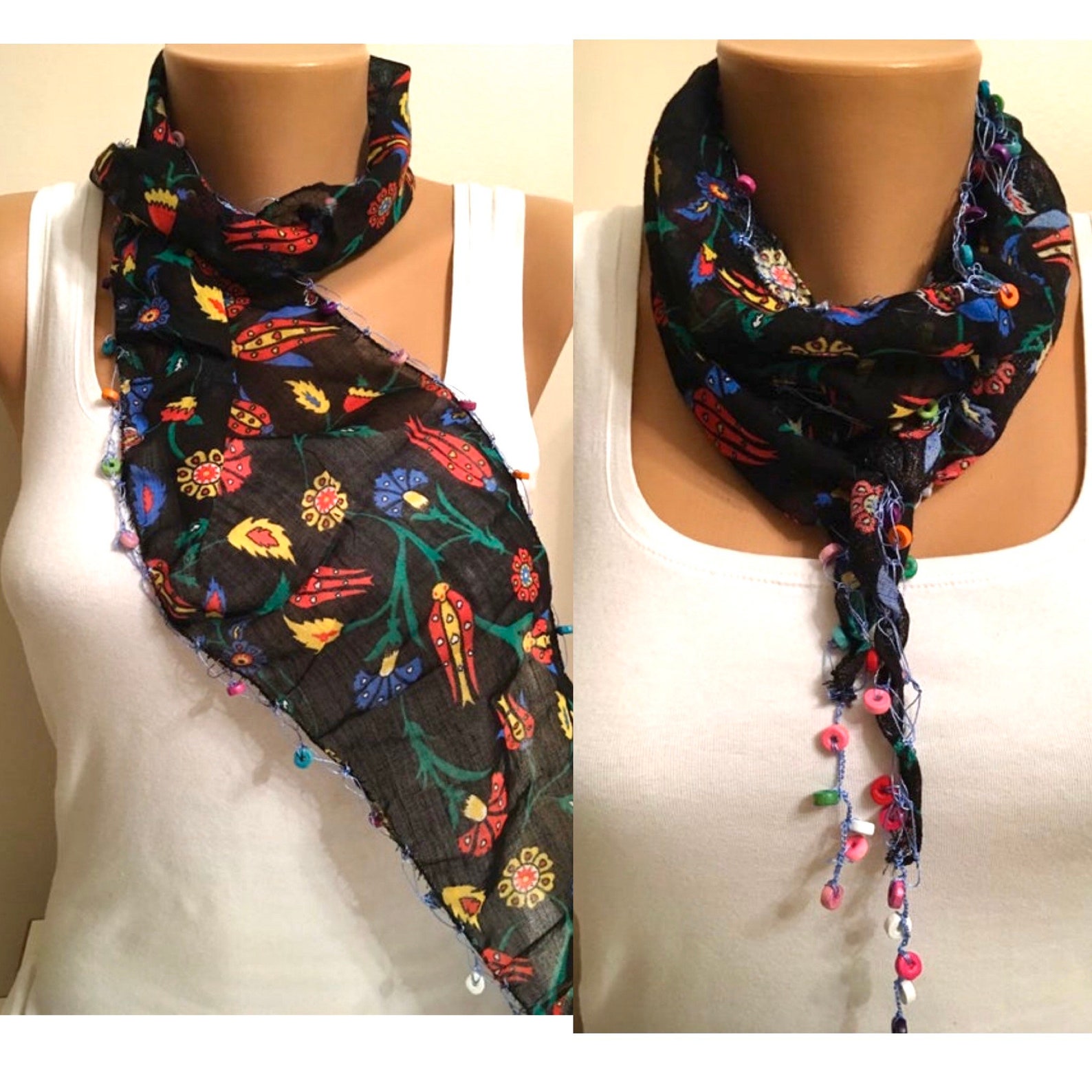Black Cotton Scarf, Cotton Floral Scarf, Headband Scarf , Wood Beads