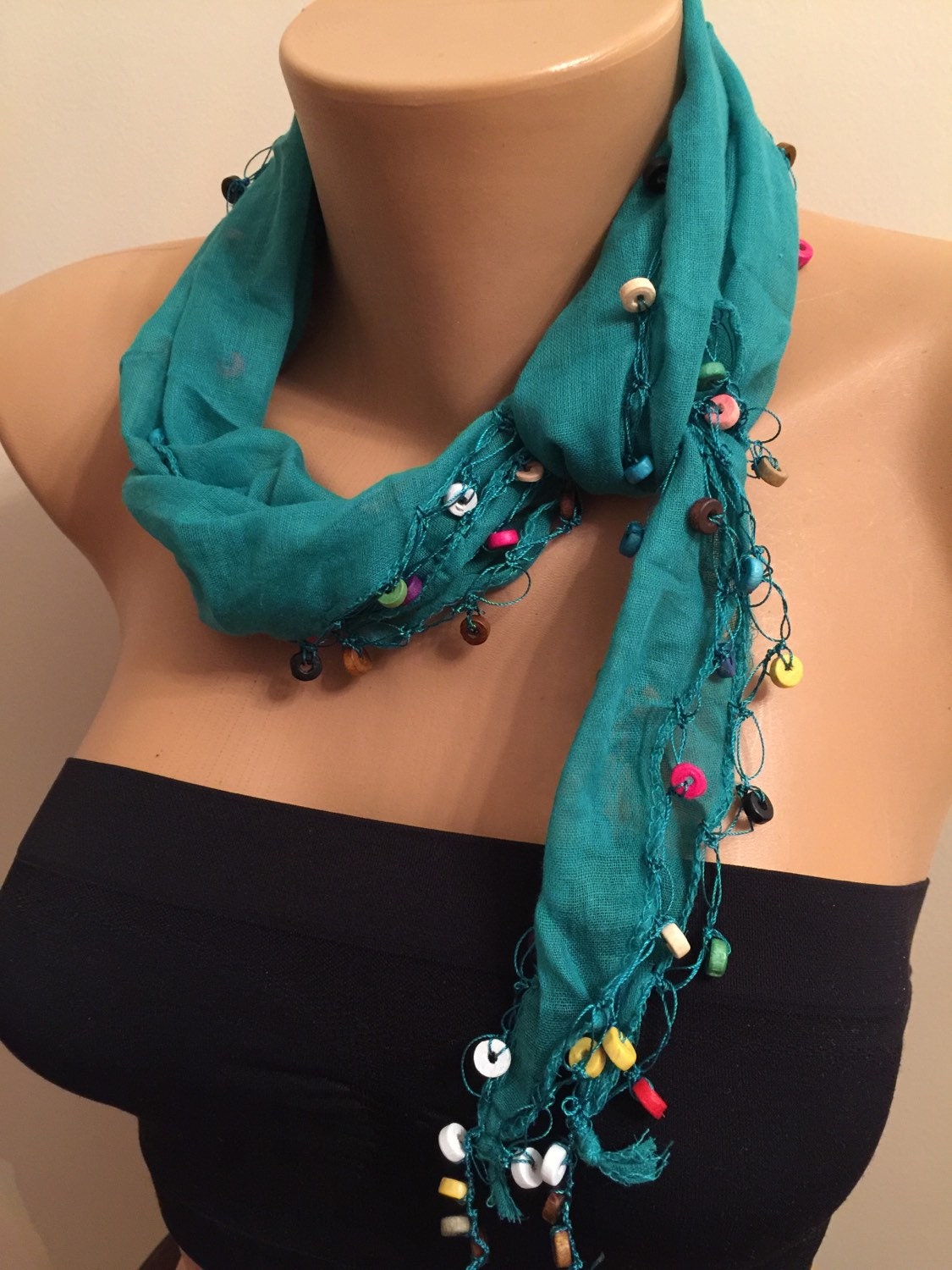 Emerald Green Scarfgreen Cotton Wooden Bead Edge Scarf Etsy