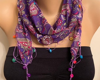 Purple Floral Scarf, Bead Edge Cotton Scarf, Scarf with Beaded Fringe, Gift For Her, Floral Print Fabric Cotton Headband, Bohemian Scarf