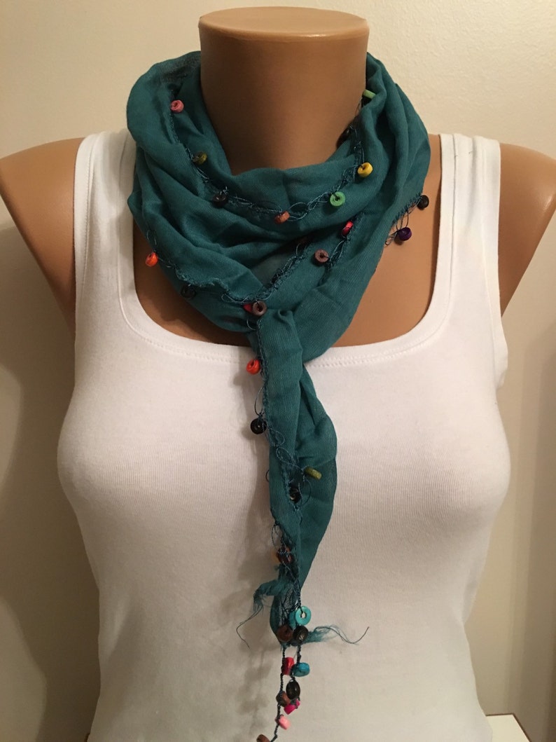 Green Wooden Beaded Edge Cotton Scarf Cotton Green Scarf Etsy