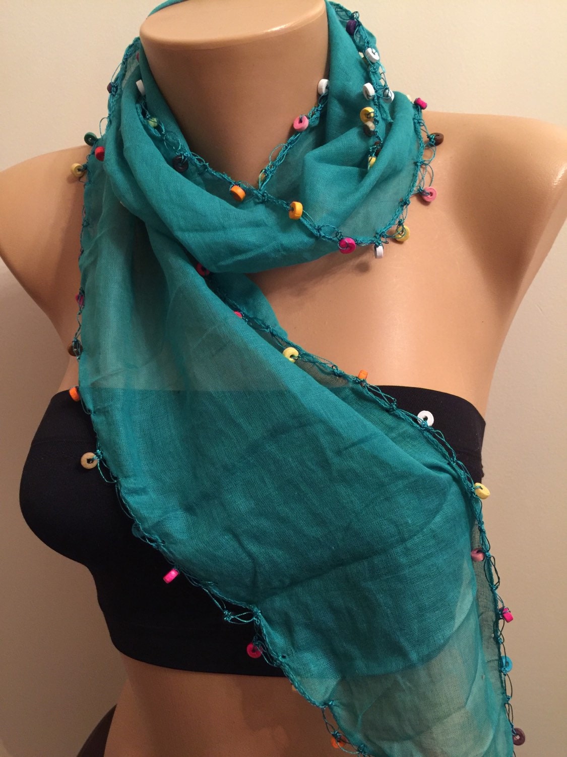Emerald Green Scarfgreen Cotton Wooden Bead Edge Scarf Etsy