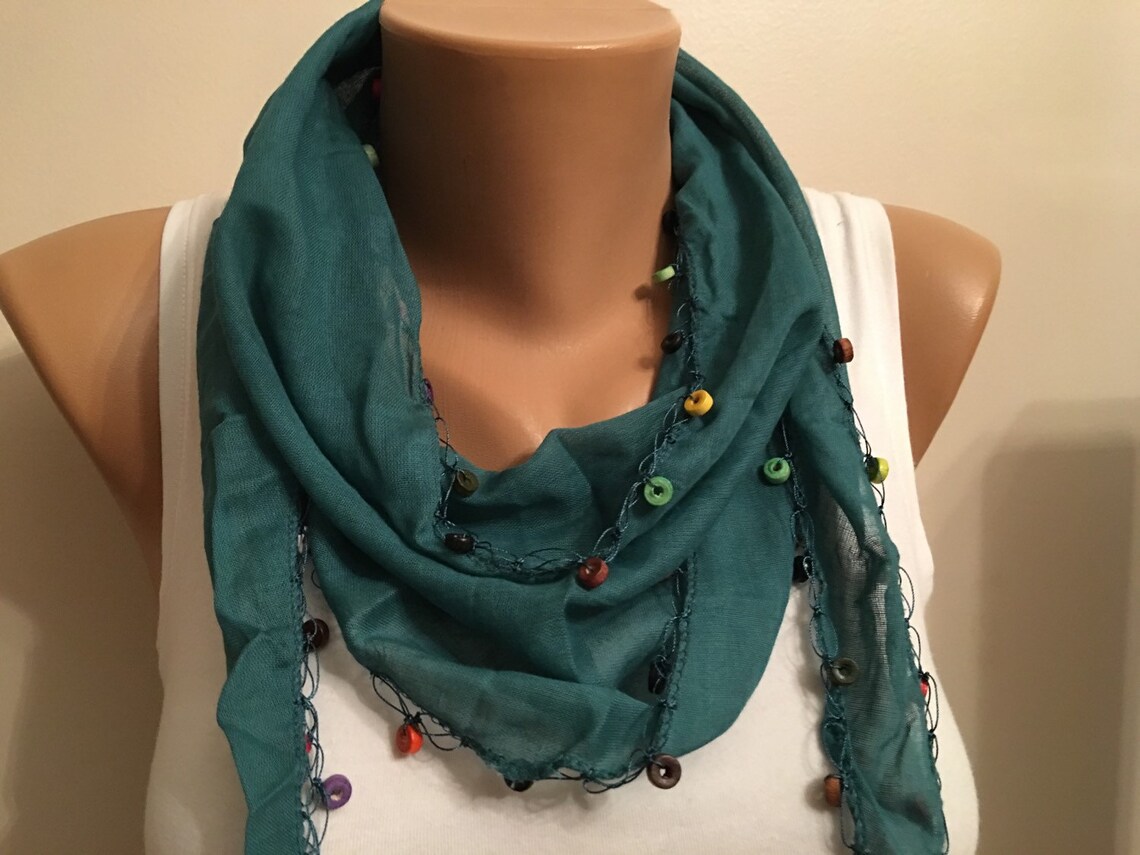 Green Wooden Beaded Edge Cotton Scarf Cotton Green Scarf Etsy
