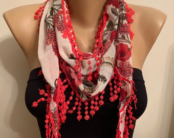 Chiffon Fabric Floral Red Cotton Scarf, Gift for Her, Red Lace Shawl, Flower Scarf, Lovely Gift, Wrap Neck Accessories, Hair Headbands, Tear