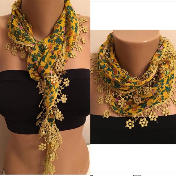Yellow Floral Scarf Flower Edge Scarf Birthday Gift Mothers Etsy