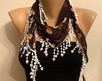 Chiffon Floral Brown Scarf, Gift for Her, Brown Lace Shawl, Flower Scarf, Lovely Gift, Wrap Neck Accessories, Hair Headbands, Chiffon Shawls