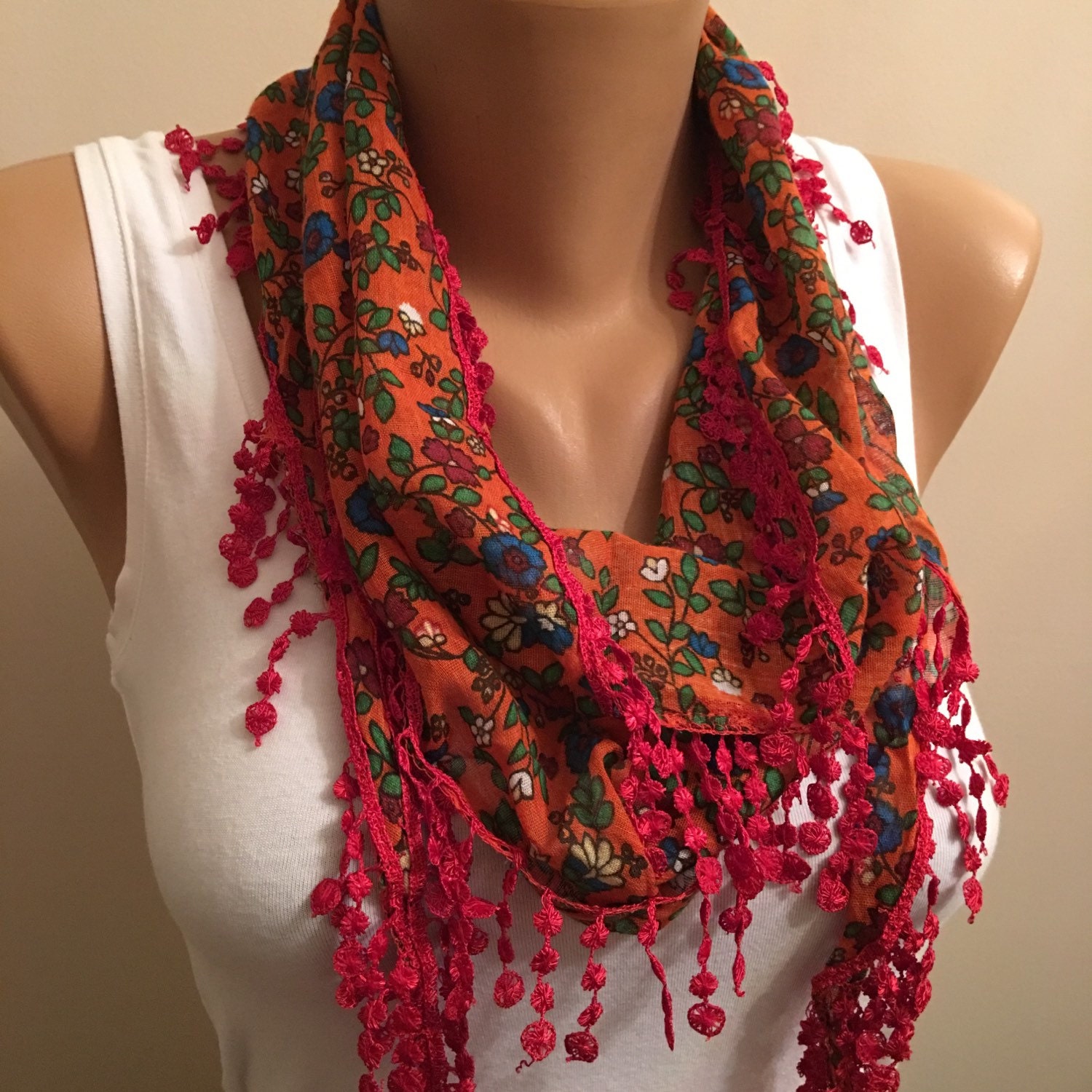Red Floral Scarf Lace Scarf Women's Fashion Gift Etsy