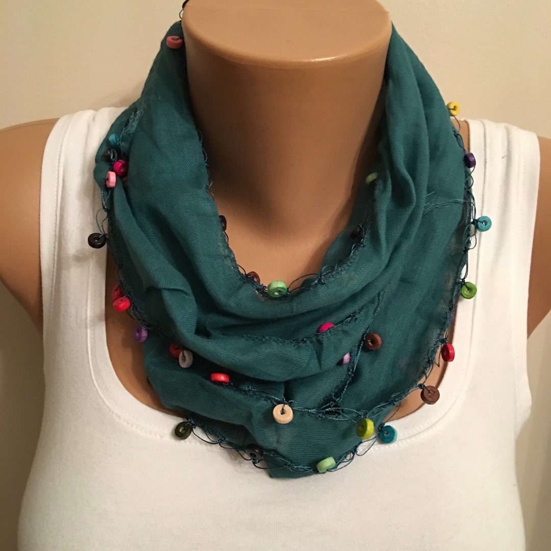 Green Wooden Beaded Edge Cotton Scarf Cotton Green Scarf Etsy