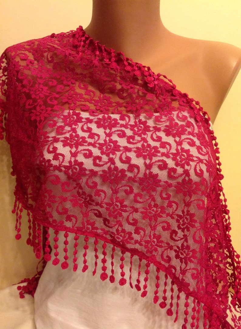 Fuchsia Lace Scarf, Gift Scarf, Turkish Fabric floral pattern, Cotton Brown Scarf, Best Gift, Gift for Her, Dark Pink Scarf image 4