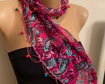 Lightweight Fuchsia Ladies Bohomian Scarf, Pink Wooden Beaded Cotton Crochet Scarf, Cotton beaded Necklace, Pink Scarf Belt, Headband Scarf,
