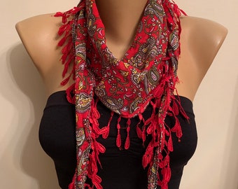 Red Cotton Scarf, Tear Drop Edge Floral Scarf Scarf, Handmade Turkish Shawl, Cotton Fabric Scarves, Light Floral Triangle Scarves, Red Love
