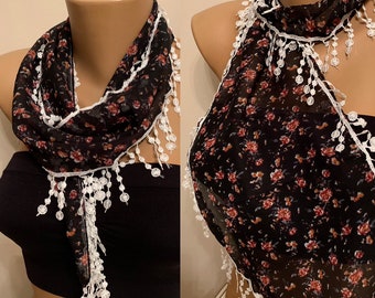 Chiffon Floral Black Cotton Scarf, Gift for Her, Black Lace Shawl, Flower Scarf, Lovely Gift, Wrap Neck Accessories, Hair Headbands, Chiffon