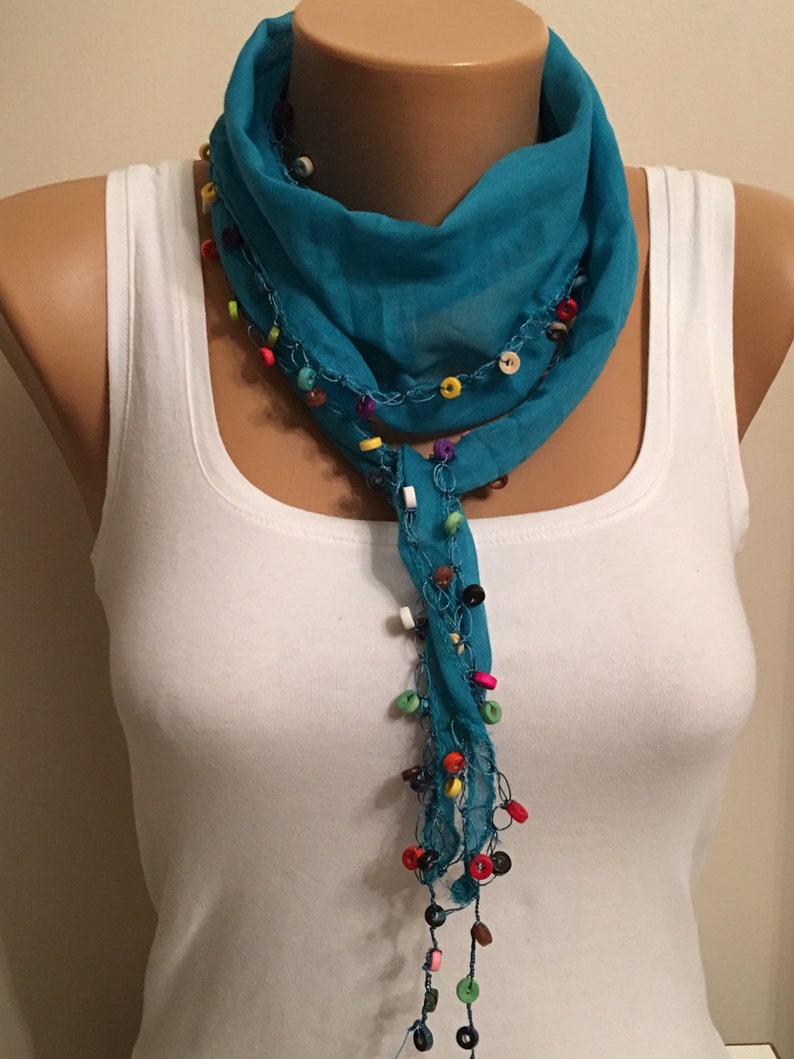 Green Wooden Beaded Edge Cotton Scarf Cotton Green Scarf Etsy