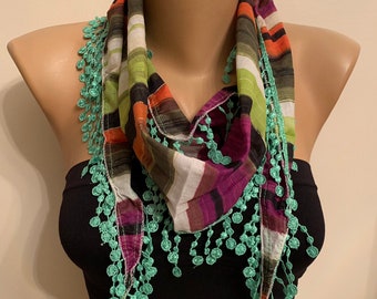 Cotton Green Colorful Scarf, Gift for Her, Green Lace Shawl, Tear Edge Colorful Scarf, Lovely Gift, Wrap Neck Accessories, Hair Headbands,