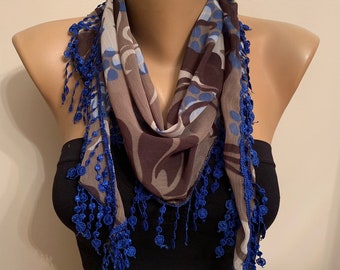 Chiffon Floral Blue Scarf, Gift for Her, Blue Lace Shawl, Blue Flower Scarf, Lovely Gift, Wrap Neck Accessories, Hair Headbands, Chiffon