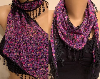 Purple  Black Floral Scarf, Cotton Lace Scarf, Gift for her, Birthday Gifts, Floral Headbands, Best Gifts for Mom, Soft Triangle Scarf,