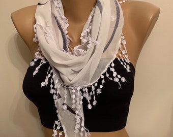 Chiffon White Scarf, Gift for Her, White Lace Shawl, Tear Edge White Scarf, Lovely Gift, Wrap Neck Accessories, Hair Headbands, Chiffon Shaw