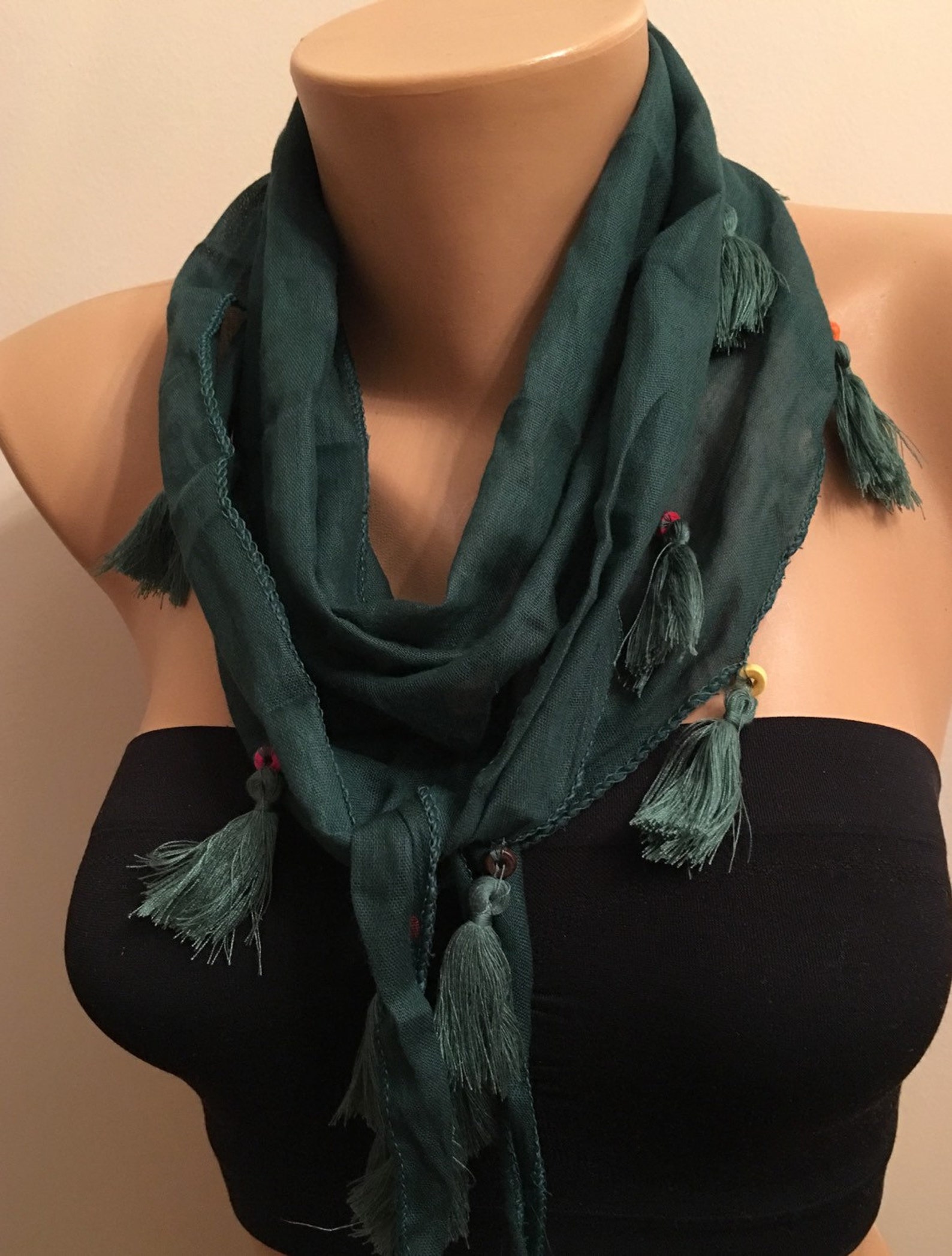 Ocean Green Cotton Scarf, Tassel Edge Scarf, Gifts for Mothers, Traditional, Cotton Scarf