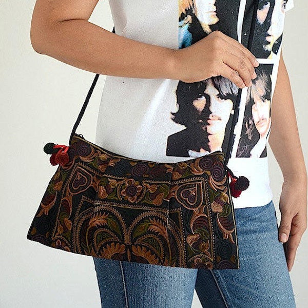 Vintage Style Embroidered Fabric Crossbody Bag Hmong Hill Tribe Bag Ethnic Messenger Bag Women Hippie Bag Brown Shoulder Clutch Bag