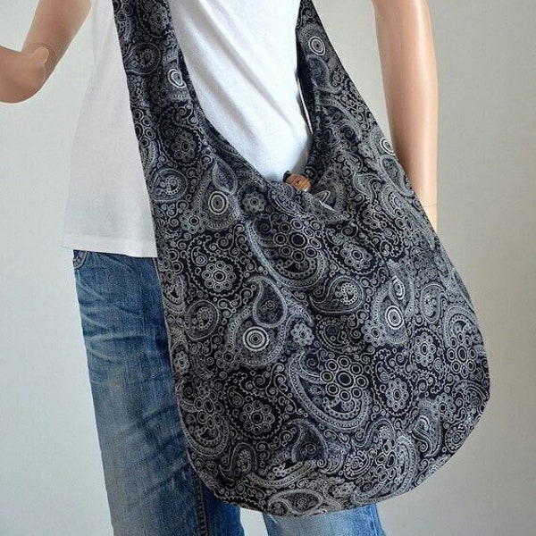 Black Paisley Cotton Bag Handbags Hippie Bag Hobo Bag Boho Bag Shoulder Bag Sling Bag Messenger Tote Bag Crossbody Bag Purse Women