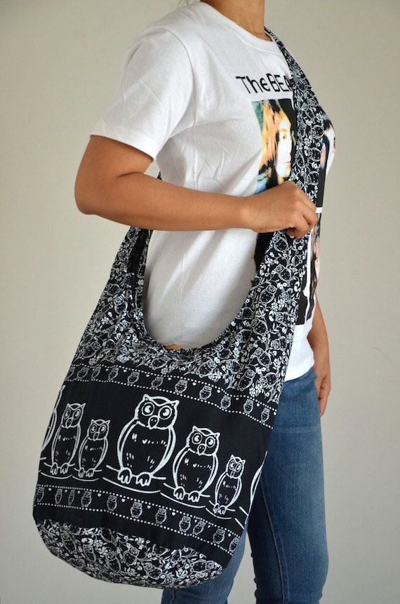 Black Cotton Bag Crossbody Bag Hippie Bag Owl Shoulder Bag | Etsy
