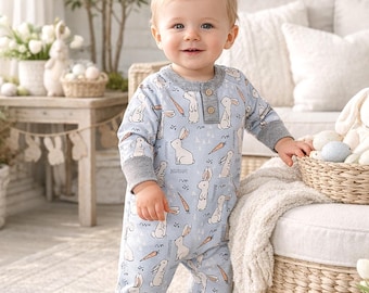 Boys Easter Henley Romper, Bunny Print Baby Romper, Blue Grey Baby One Piece, Bamboo Cotton Baby Outfit, Spring Easter Romper