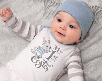 Paasoutfit voor babyjongen, mijn 1e paashaas babyrompertje in blauw en grijs