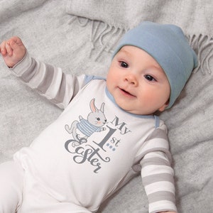 Baby Boy Easter Outfit, My 1st Easter Bunny Baby Romper in Blue & Grey
