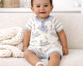 Baby Boy Easter Romper: Bunny & Carrots Print, 100% Cotton