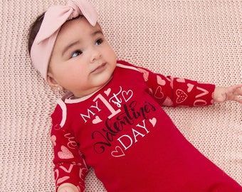 My 1st Valentines Baby Outfit, Baby Girl Baby Boy Neutral Baby Red Hearts Bow Tesababe