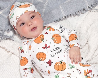 Baby Thanksgiving Romper | Fall Pumpkin Turkey Print Bodysuit | Infant Autumn Outfit | Cute Harvest Baby Girl Boy Clothes