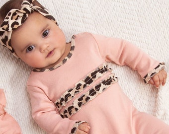 Baby Girl Romper Playsuit, Coming Home Outfit, Leopard Cheetah Animal Print Baby Girl Outfit, 100% Cotton, Tesa Babe