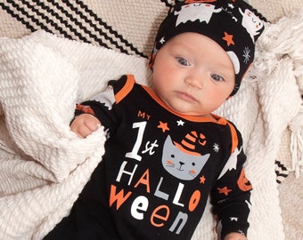 Baby Halloween Outfit - My 1st Halloween - Pumpkin Print with Optional Headband or Hat - Girl, Boy, Unisex - Cotton