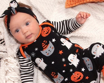 Baby Halloween Outfit -  My 1st Halloween - Pumpkin Print with Optional Headband or Hat - Girl, Boy, Unisex - Cotton